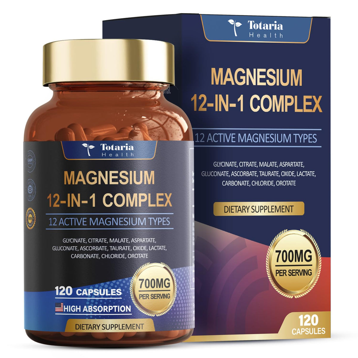 Totaria envase frontal del Magnesium Complex mostrando el diseño y beneficios principales