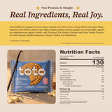 Toto etiqueta de ingredientes destacando sin gluten ni lácteos, transparencia