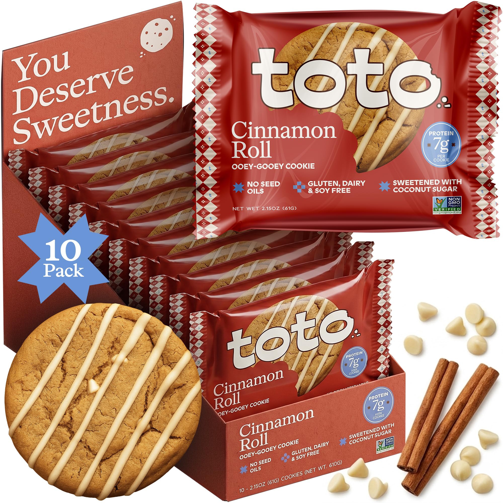 Toto paquete frontal mostrando 10 galletas y beneficios nutricionales