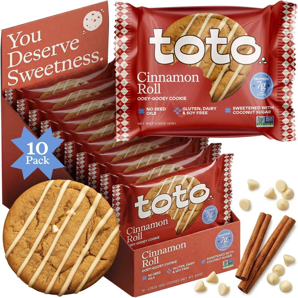 Toto paquete frontal mostrando 10 galletas y beneficios nutricionales