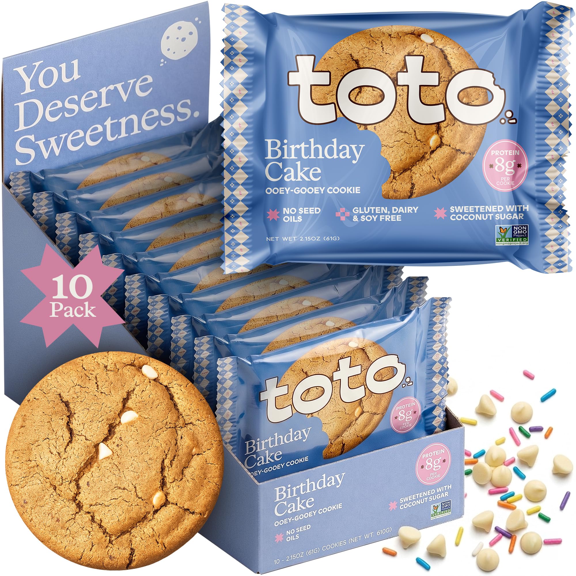 Toto empaque frontal mostrando caja y diseño festivo, conveniencia para llevar