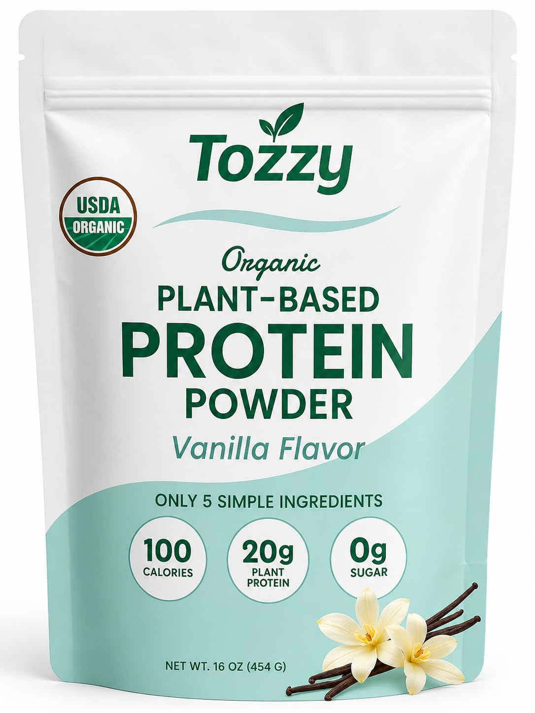 TOZZY envase frontal de proteína vegana con sello orgánico y beneficio de limpieza