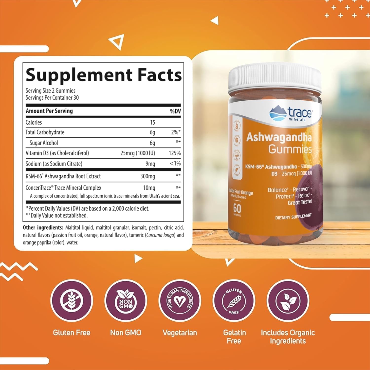 Trace Minerals frasco abierto con gomitas visibles para fácil consumo