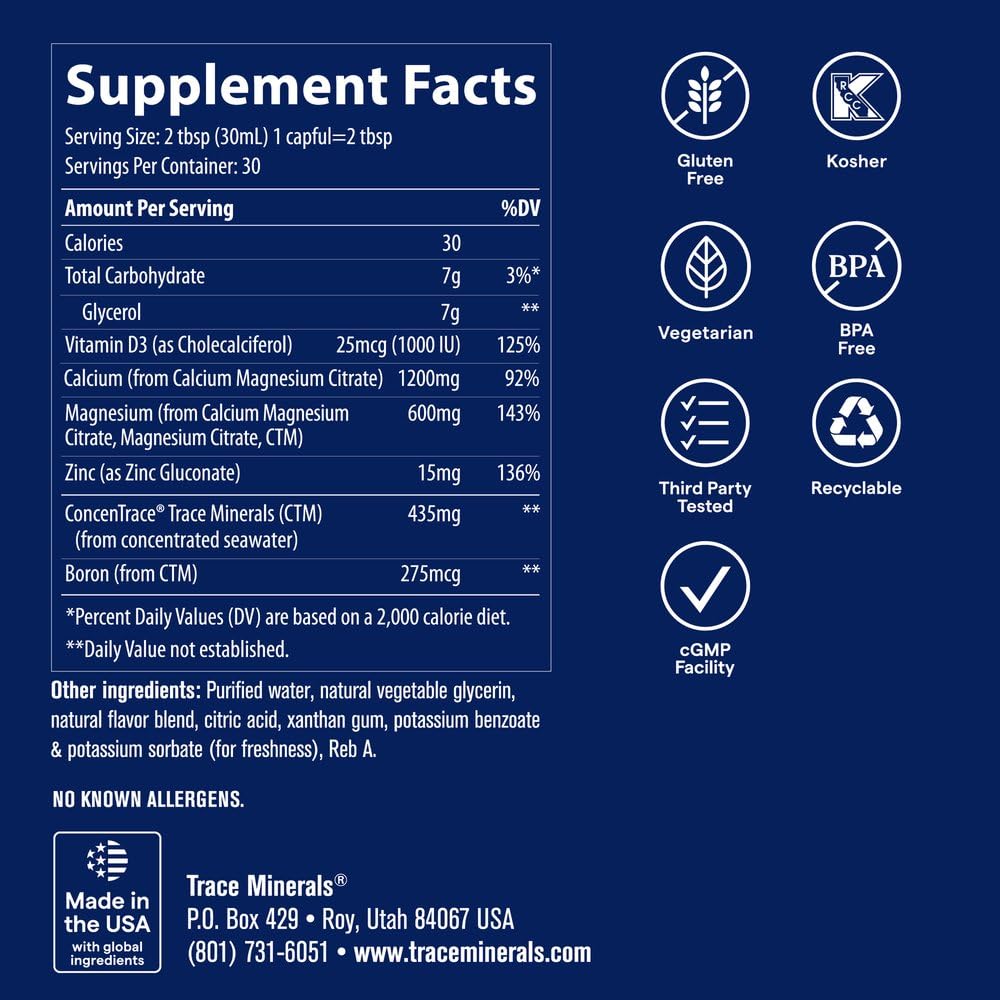 Trace Minerals botella 30 fl oz junto a regla para ver escala y tamaño real