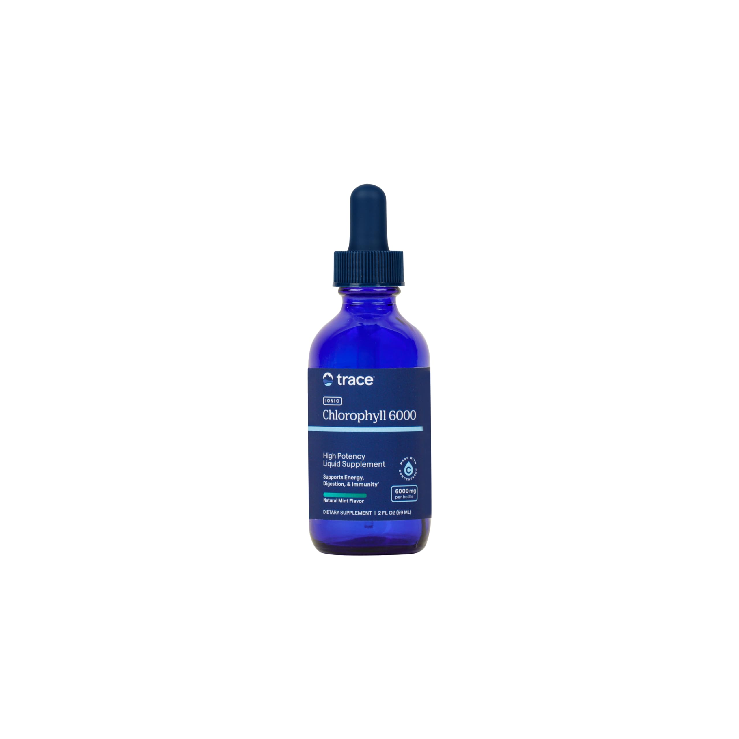 Trace Minerals botella frontal mostrando clorofila líquida y beneficios
