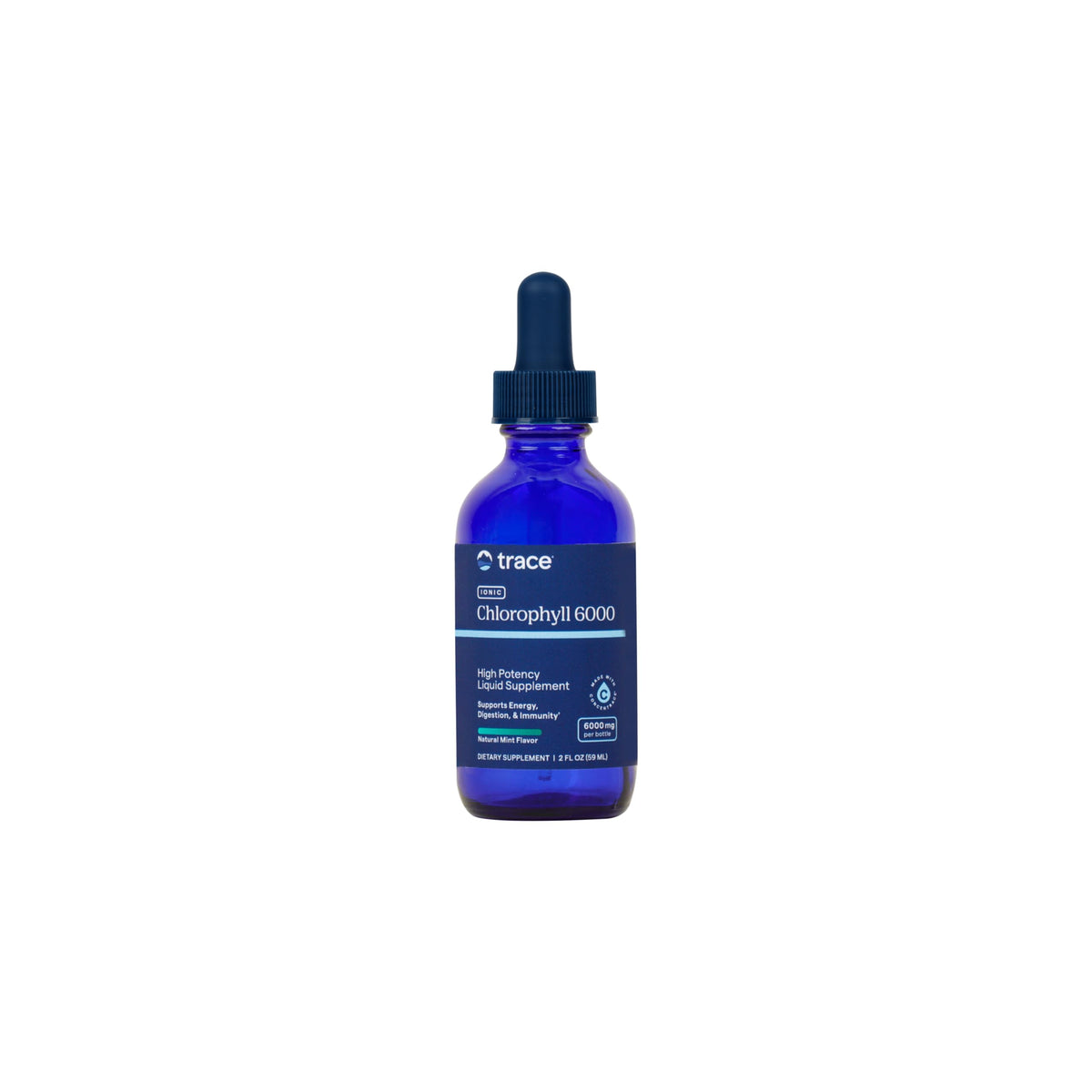Trace Minerals botella frontal mostrando clorofila líquida y beneficios