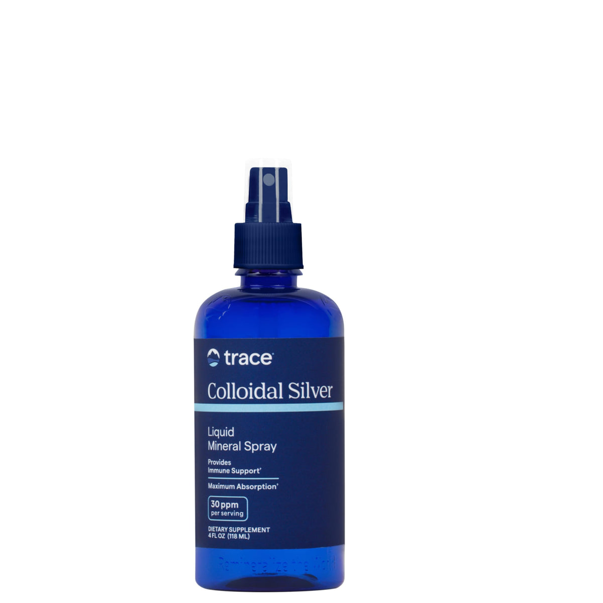 Trace Minerals botella frontal mostrando la fórmula pura y tamaño conveniente