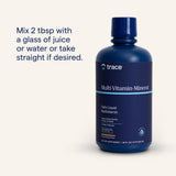 Trace Minerals comparación de tamaño 32 oz junto a vaso para escala clara