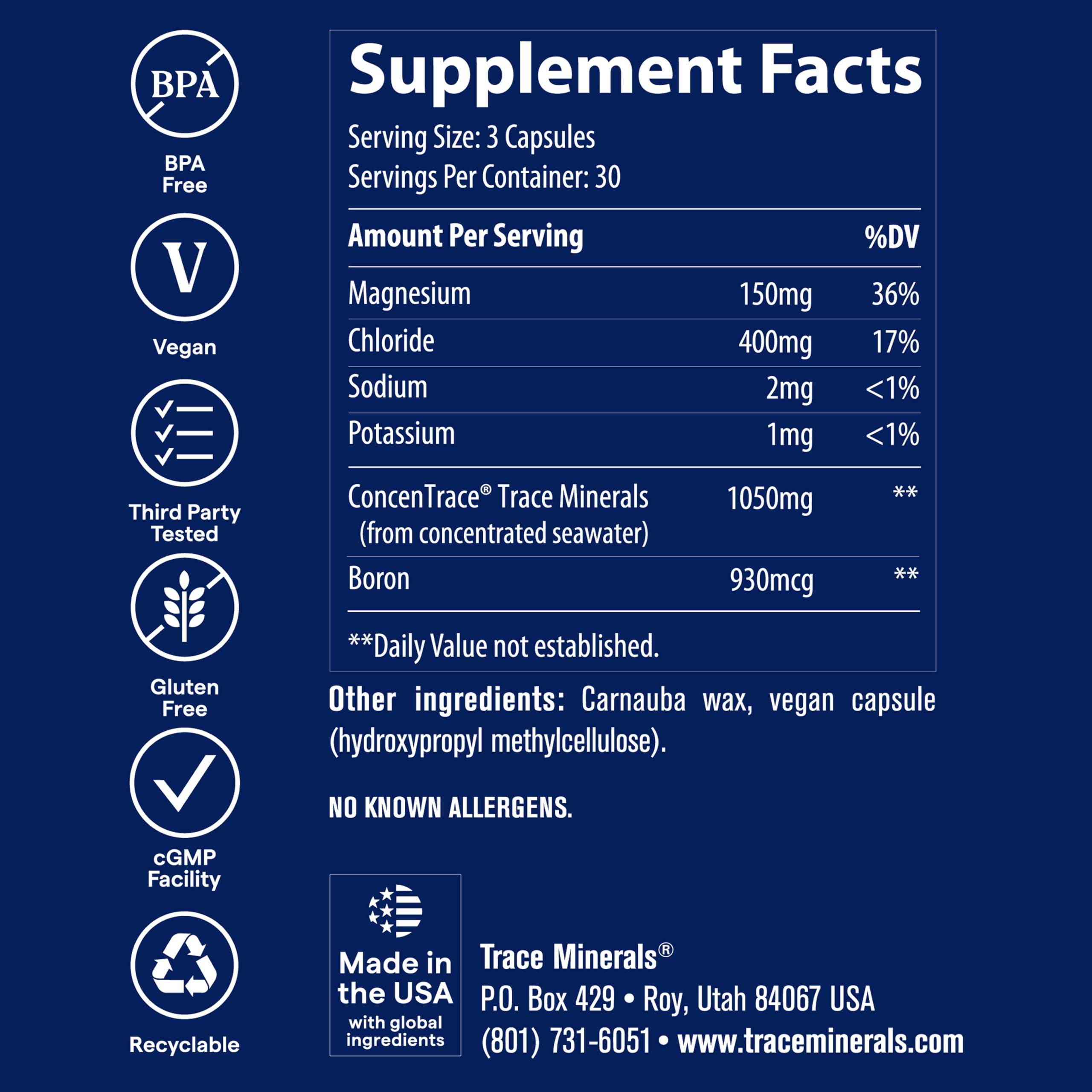 Trace Minerals envase con 90 cápsulas para duración mensual