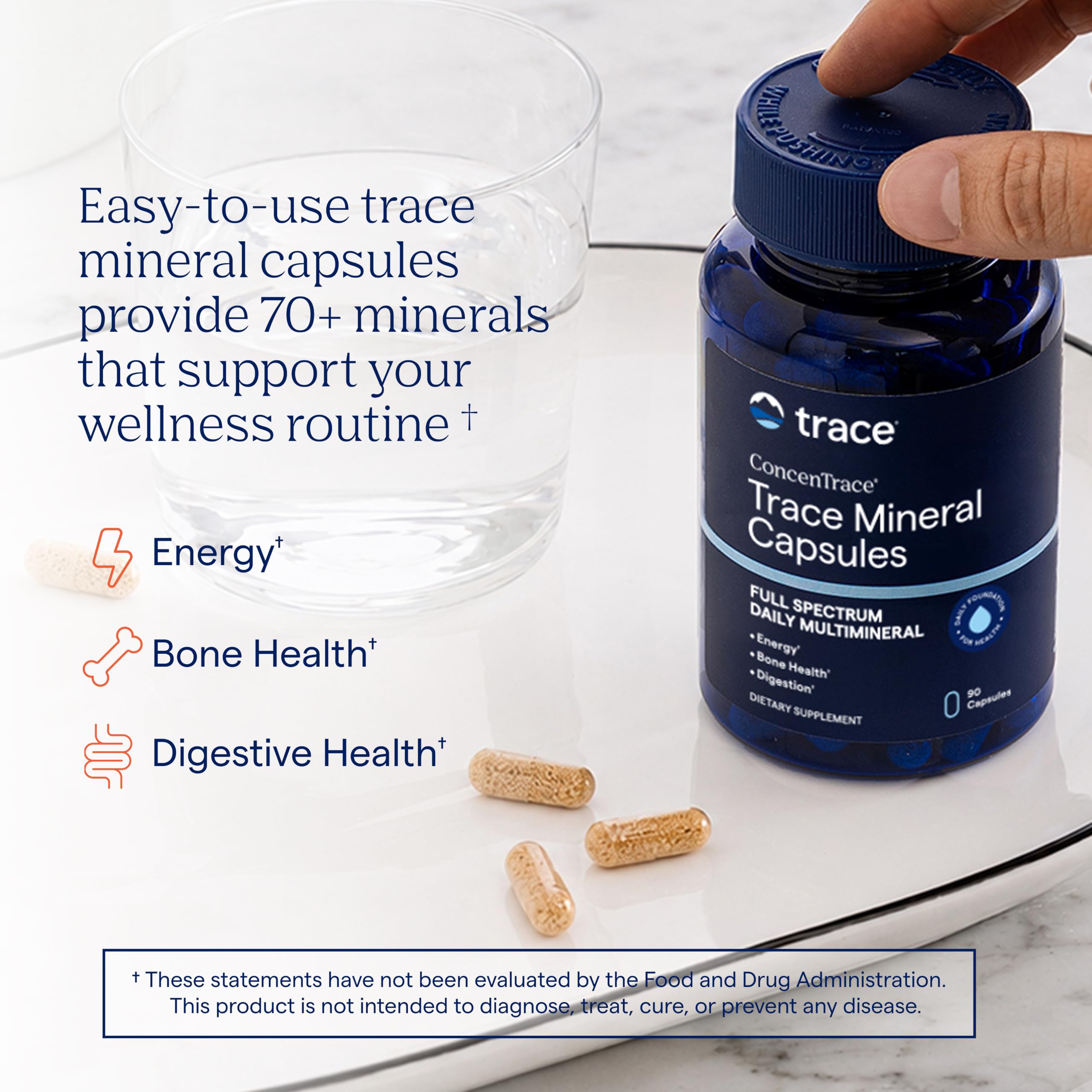 Trace Minerals detalle de cápsulas para visualizar tamaño y textura