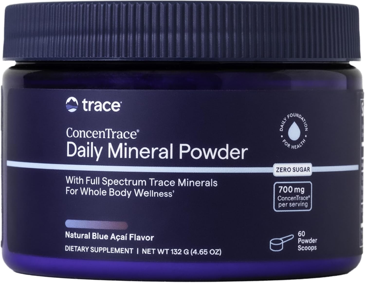 Trace Minerals frasco frontal del producto con 60 porciones, fácil identificación