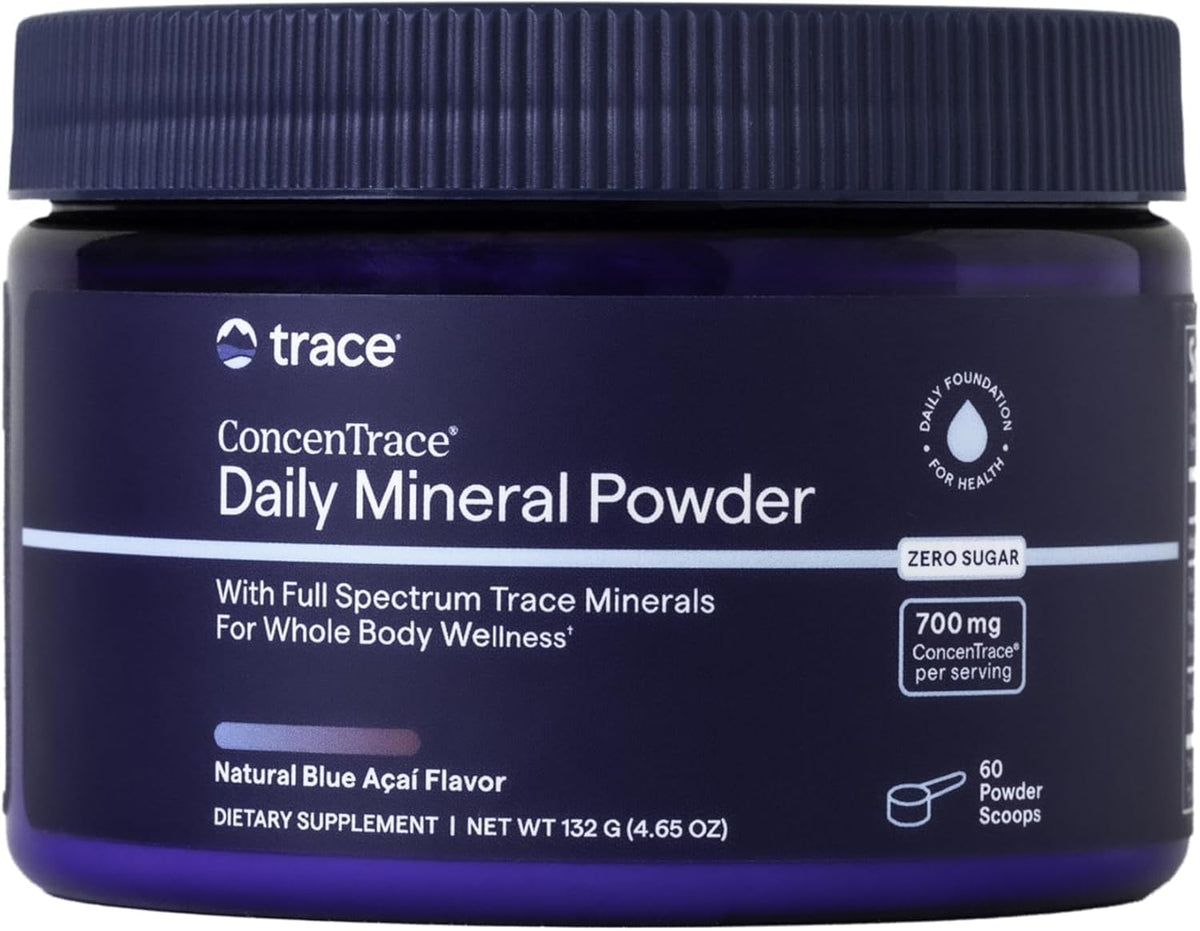 Trace Minerals frasco frontal del producto con 60 porciones, fácil identificación