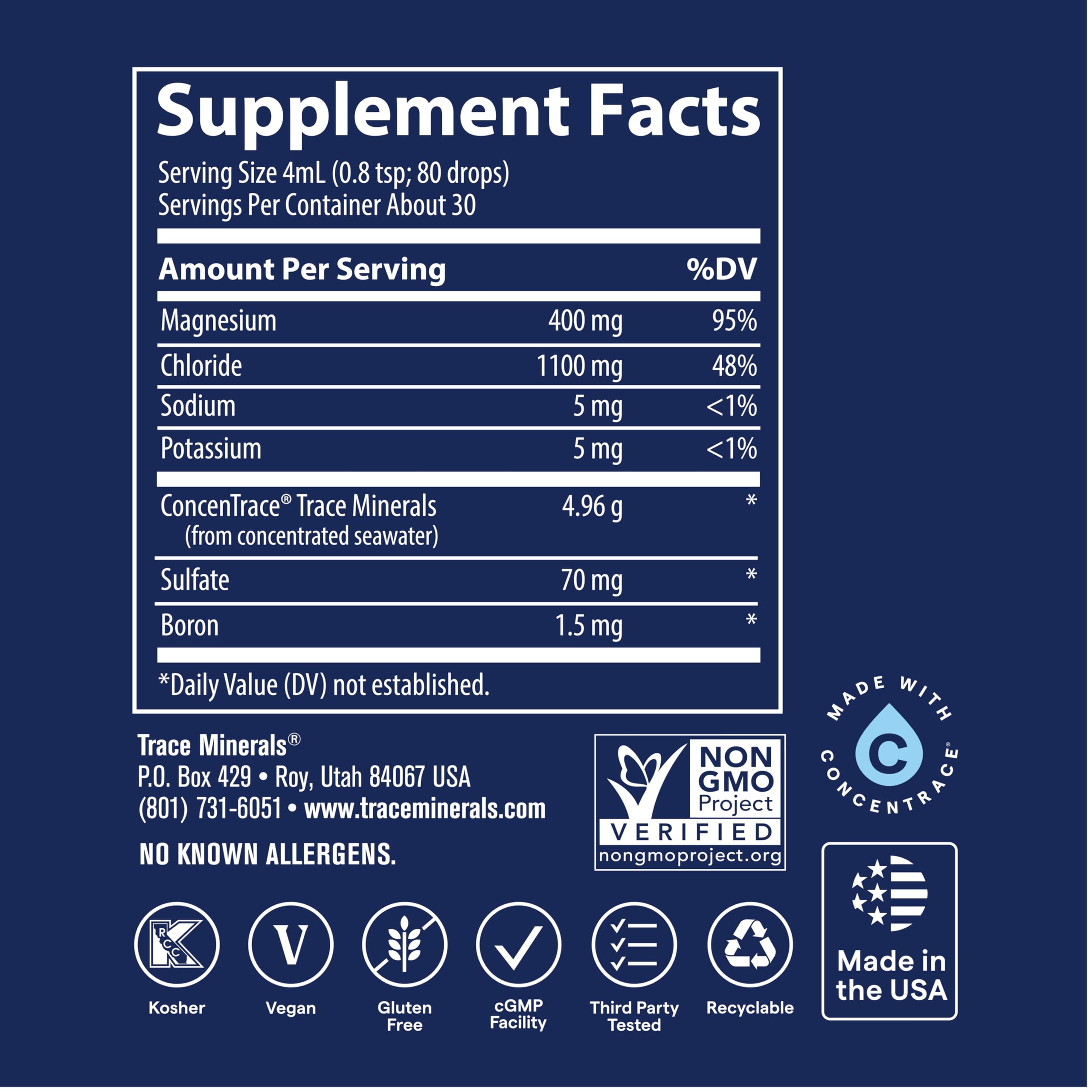 Trace Minerals cuentagotas dosificando gotas sobre un vaso, facilita ajuste de dosis
