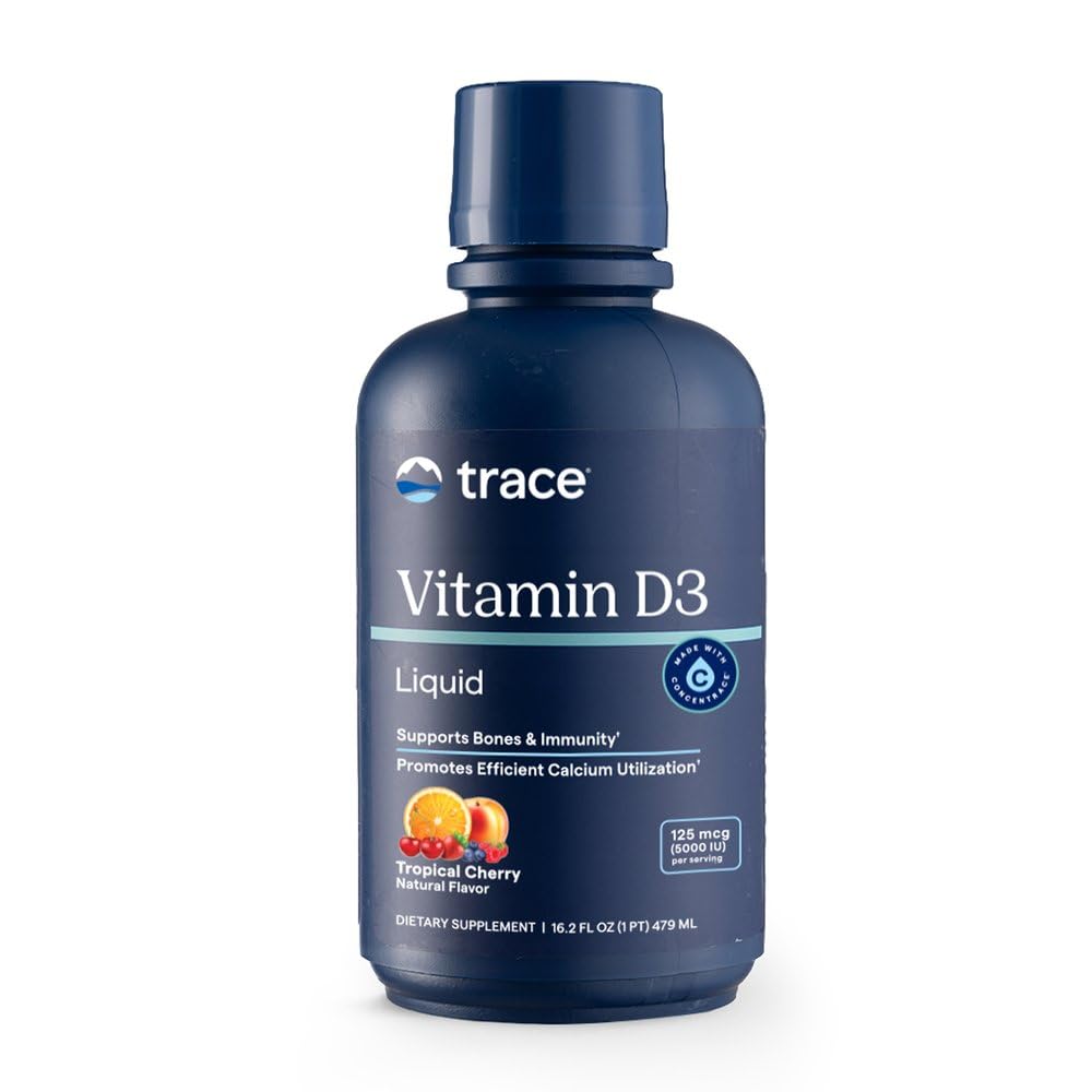Trace Minerals botella frontal mostrando diseño y tamaño, fácil identificación