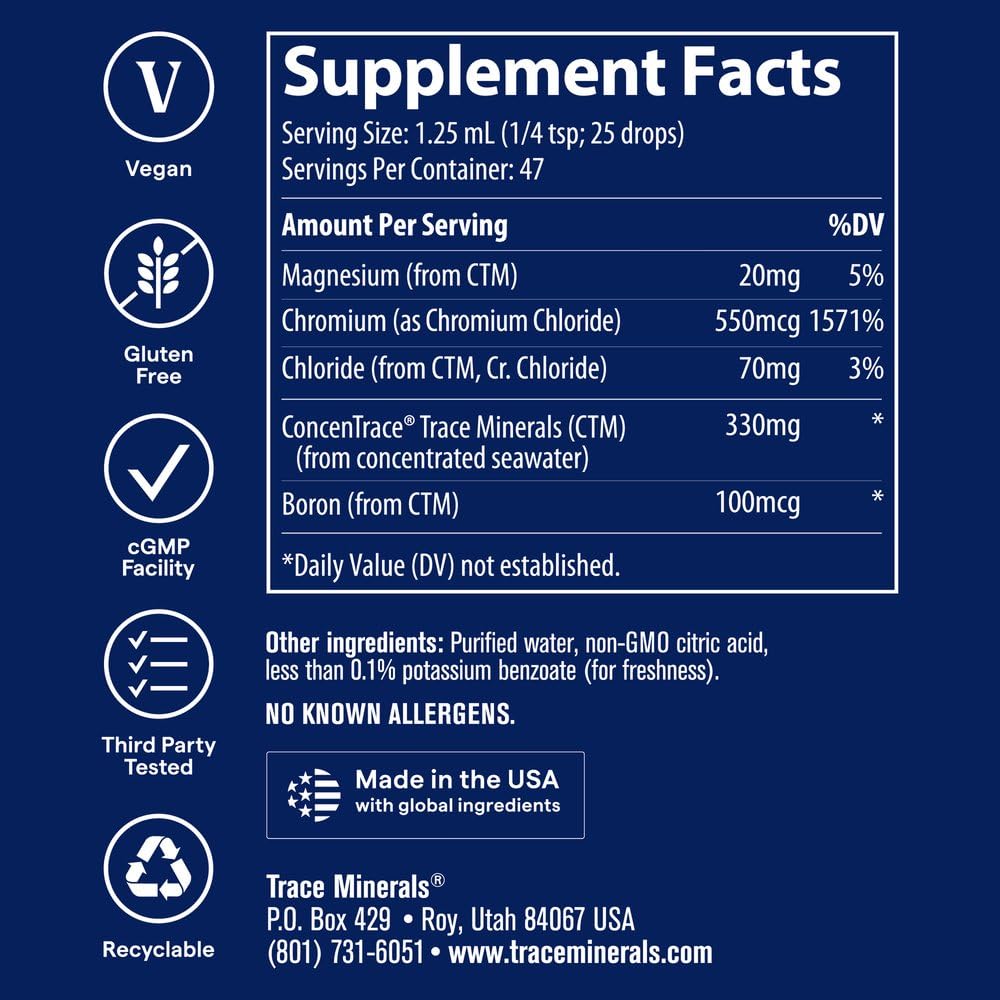 Trace Minerals etiqueta con información de nutrientes y beneficios visibles para el usuario