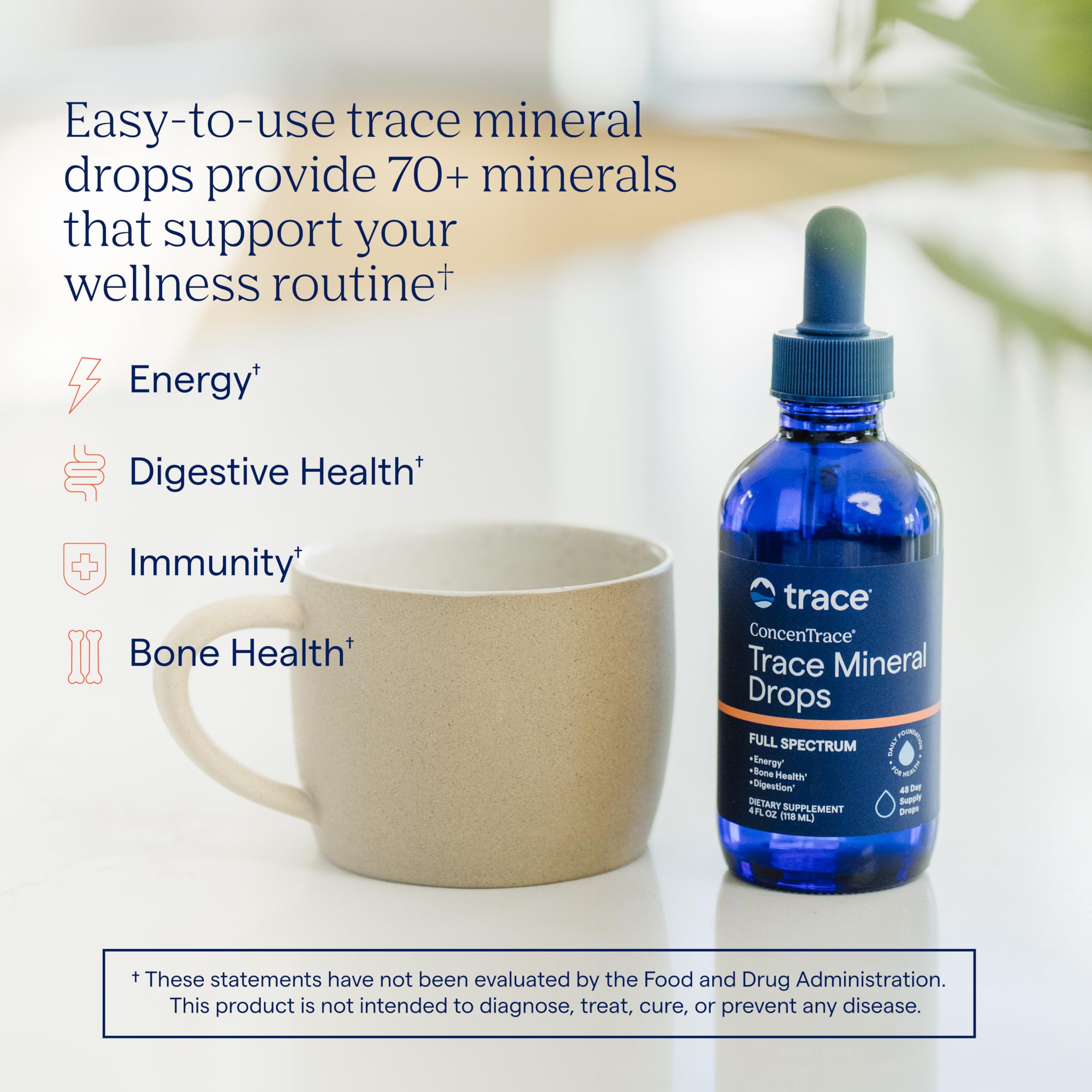 Trace Minerals etiqueta con ingredientes y beneficio de concentración iónica
