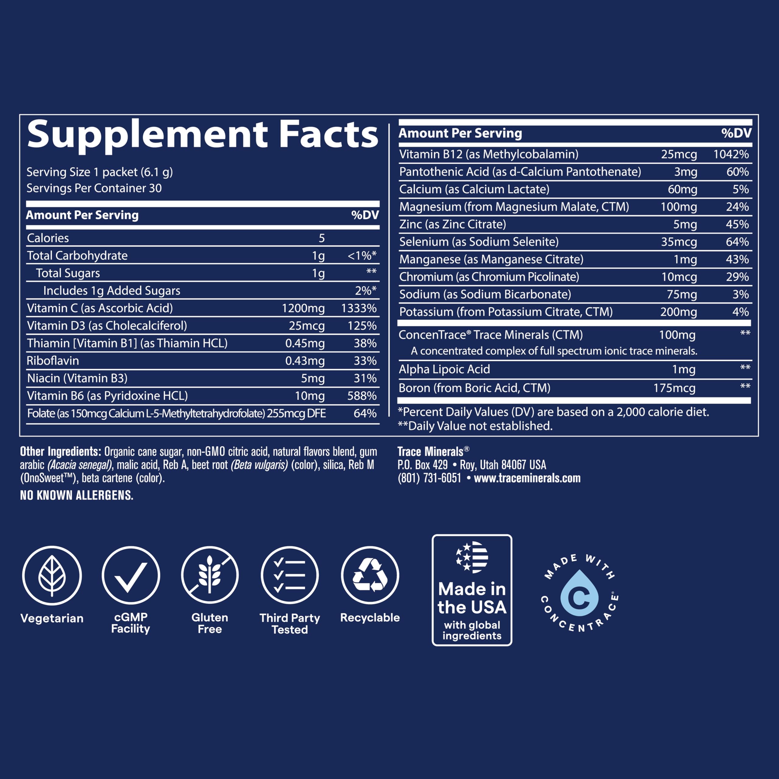 Trace Minerals detalle de la etiqueta con ingredientes y minerales