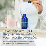 Trace Minerals gotas añadidas a un vaso de agua para hidratación