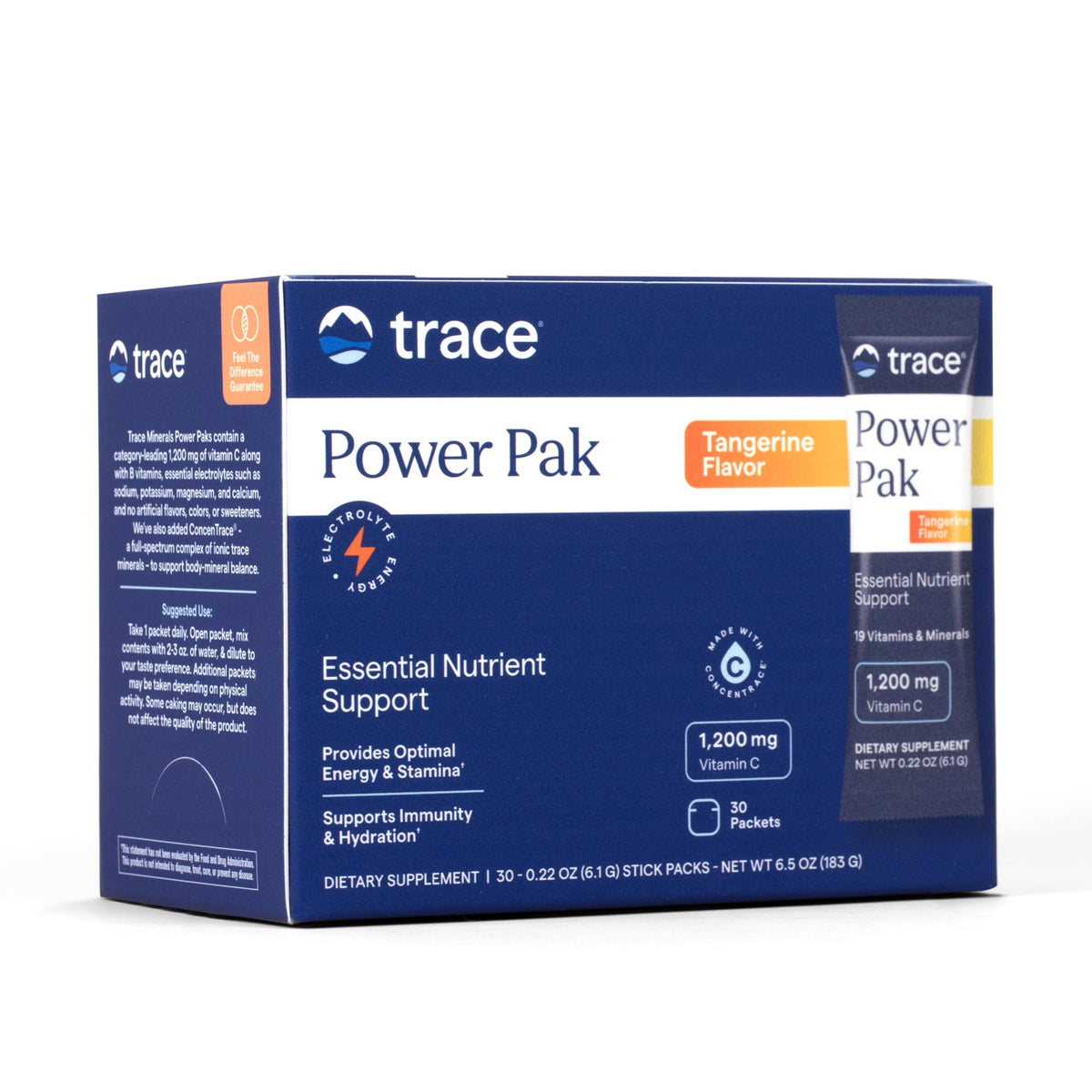 Trace Minerals envase frontal del pack de 30 sobres mandarina, práctico para viajes
