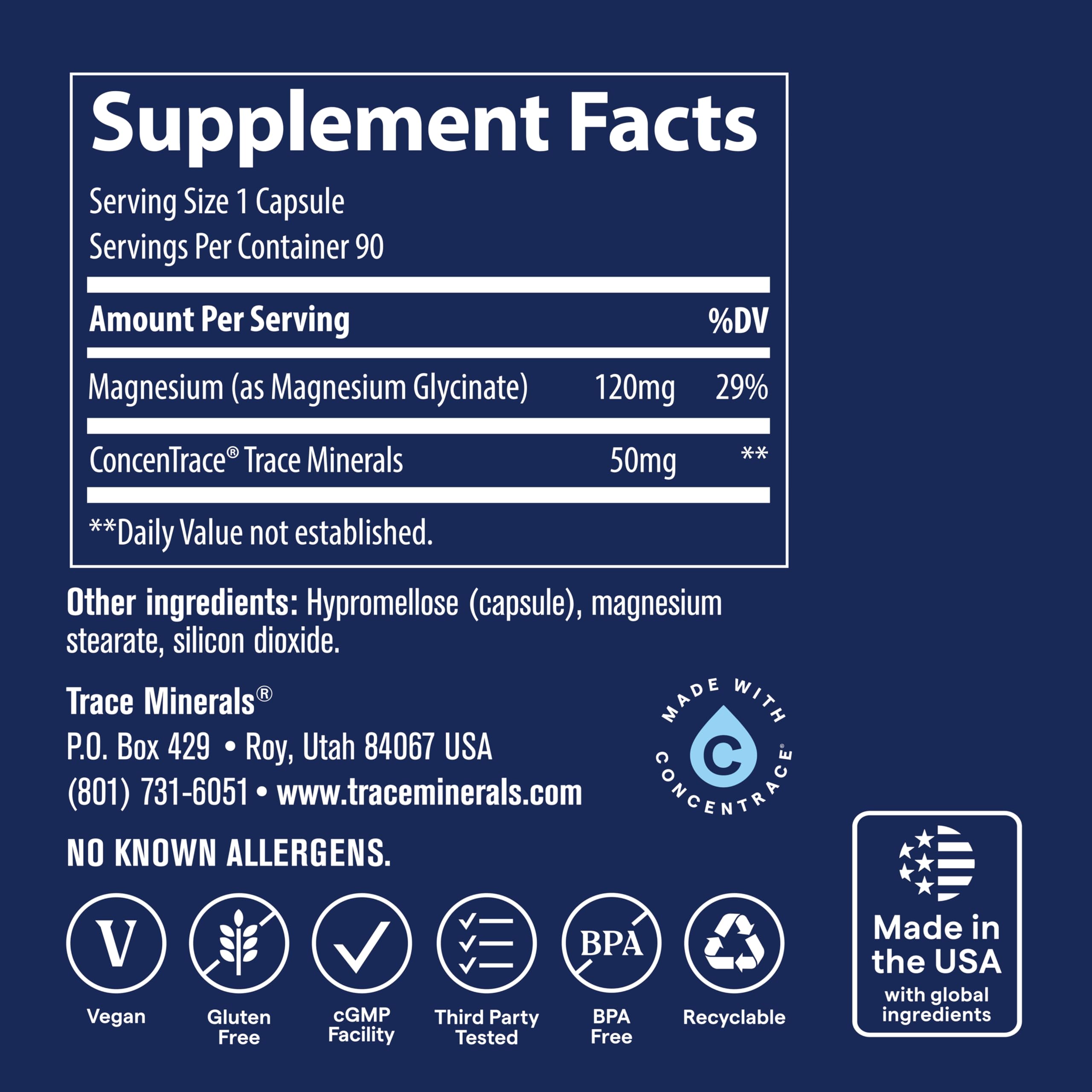 Trace Minerals etiqueta e información nutricional destacando ingredientes y pureza