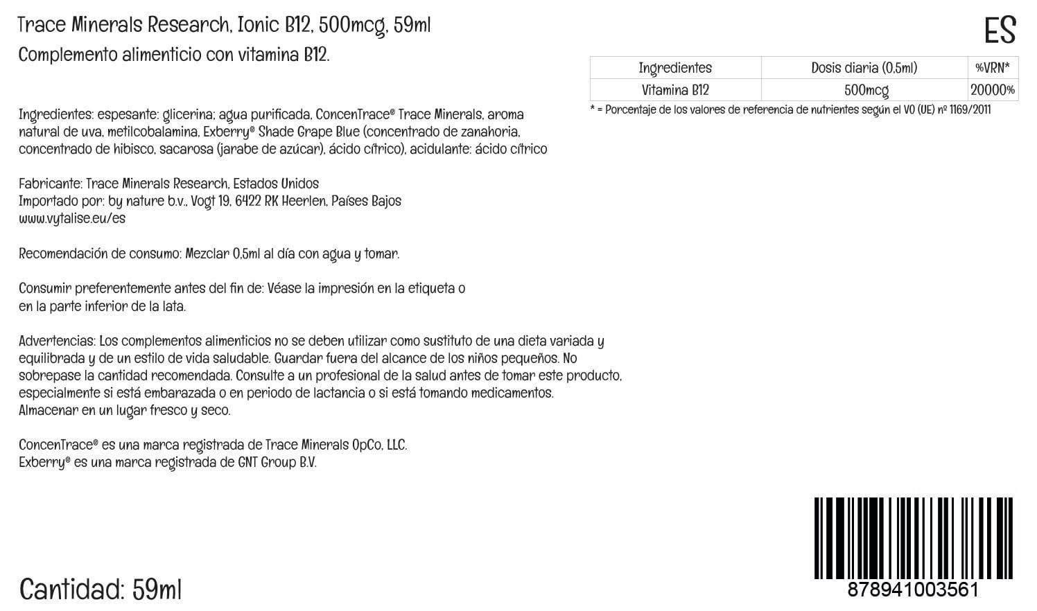 Trace Minerals etiqueta con ingredientes y pruebas de pureza claramente legible