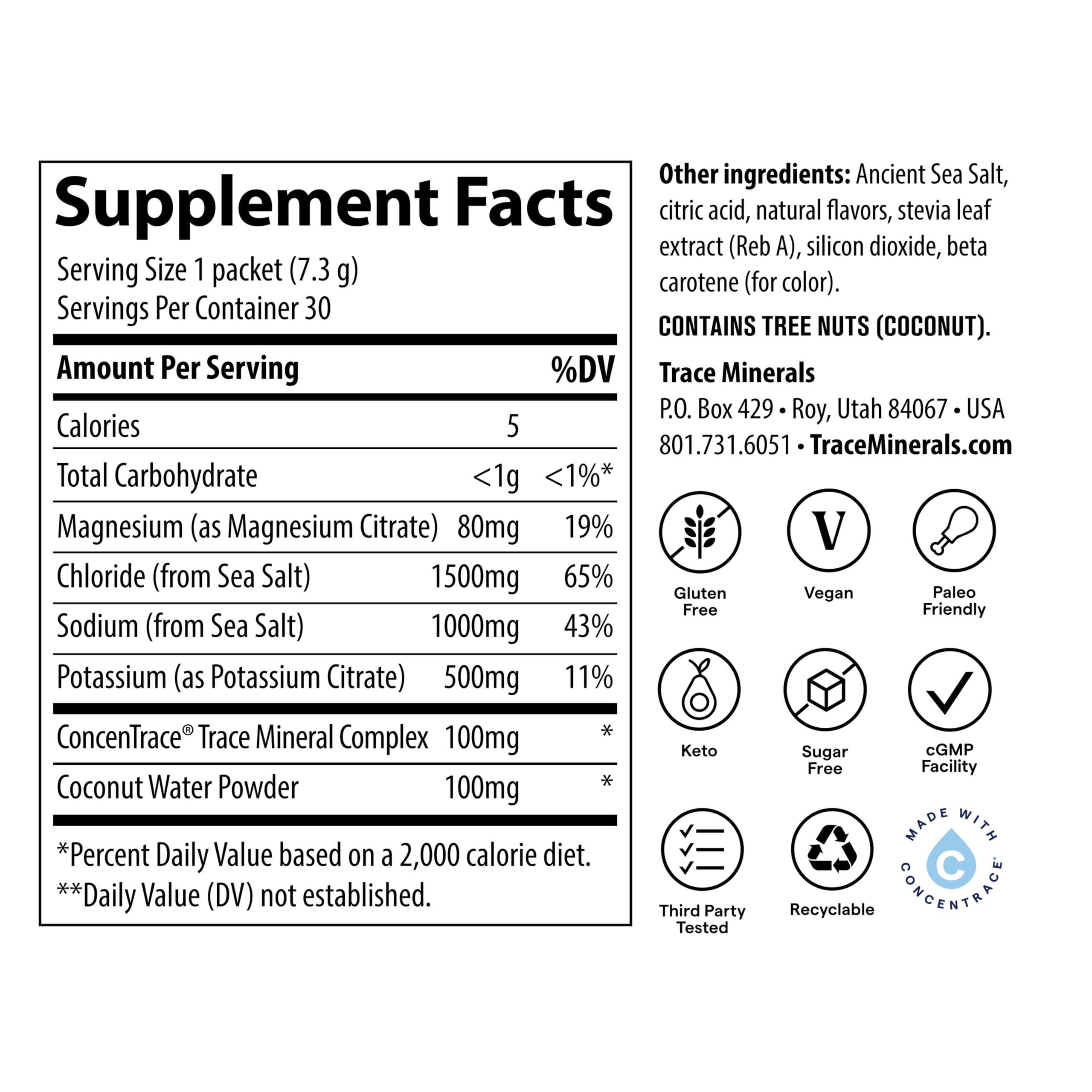 Trace Minerals etiqueta nutricional que destaca minerales y sin azúcar