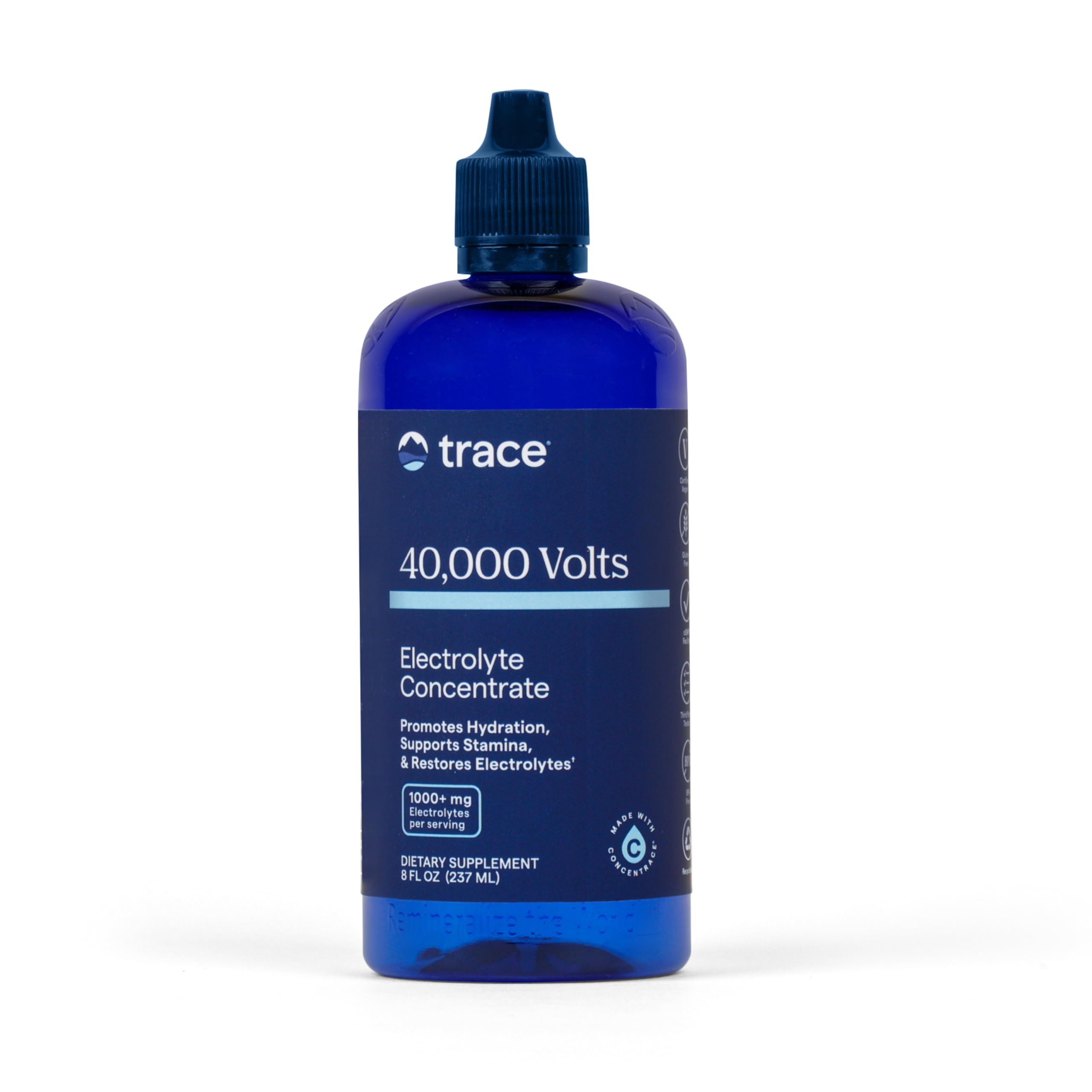 Trace Minerals frasco delantero mostrando concentrado y fácil dosificación