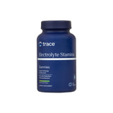 Trace Minerals frasco frontal de Electrolyte Stamina Gummies mostrando etiqueta limón-lima y beneficios