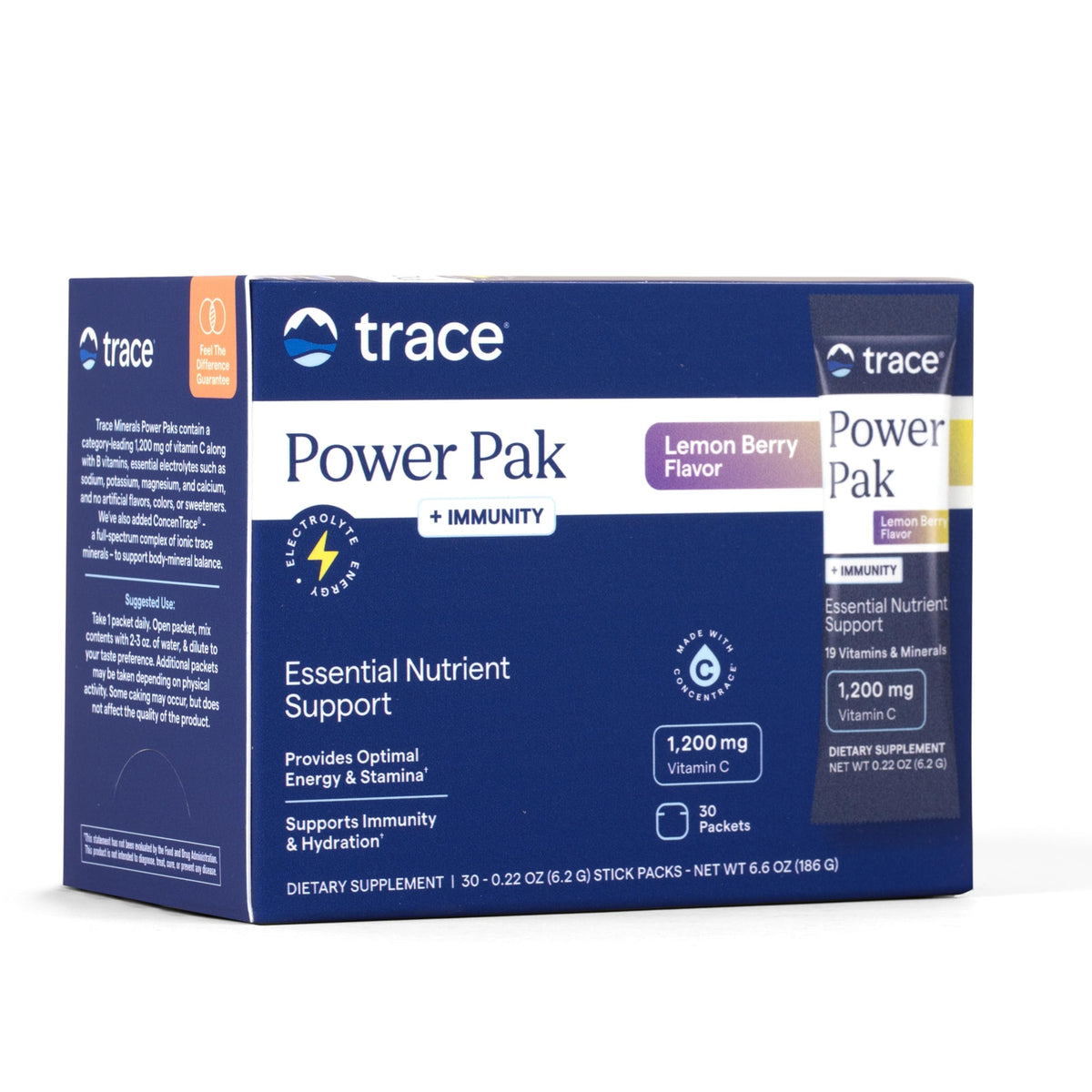 Trace Minerals frente del empaque Lemon Berry mostrando cantidad y beneficio rehidratante