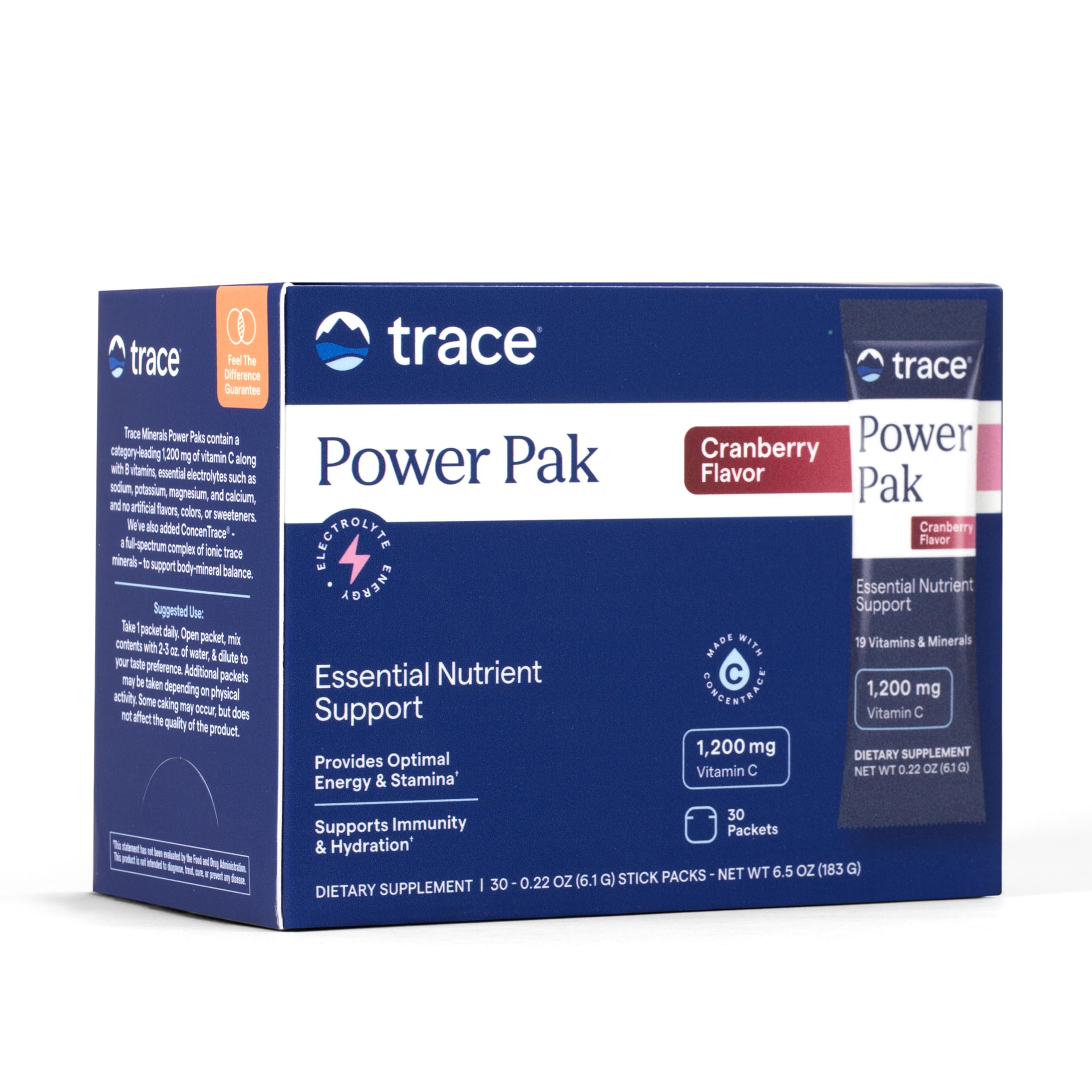 Trace Minerals empaque frontal mostrando 30 sobres y beneficios claros
