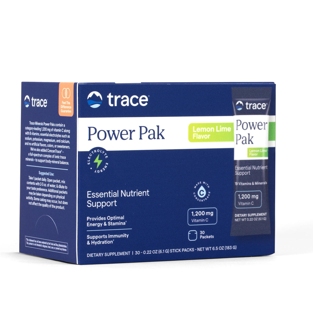 Trace Minerals empaque frontal claro mostrando 30 sobres y sabor limón-lima