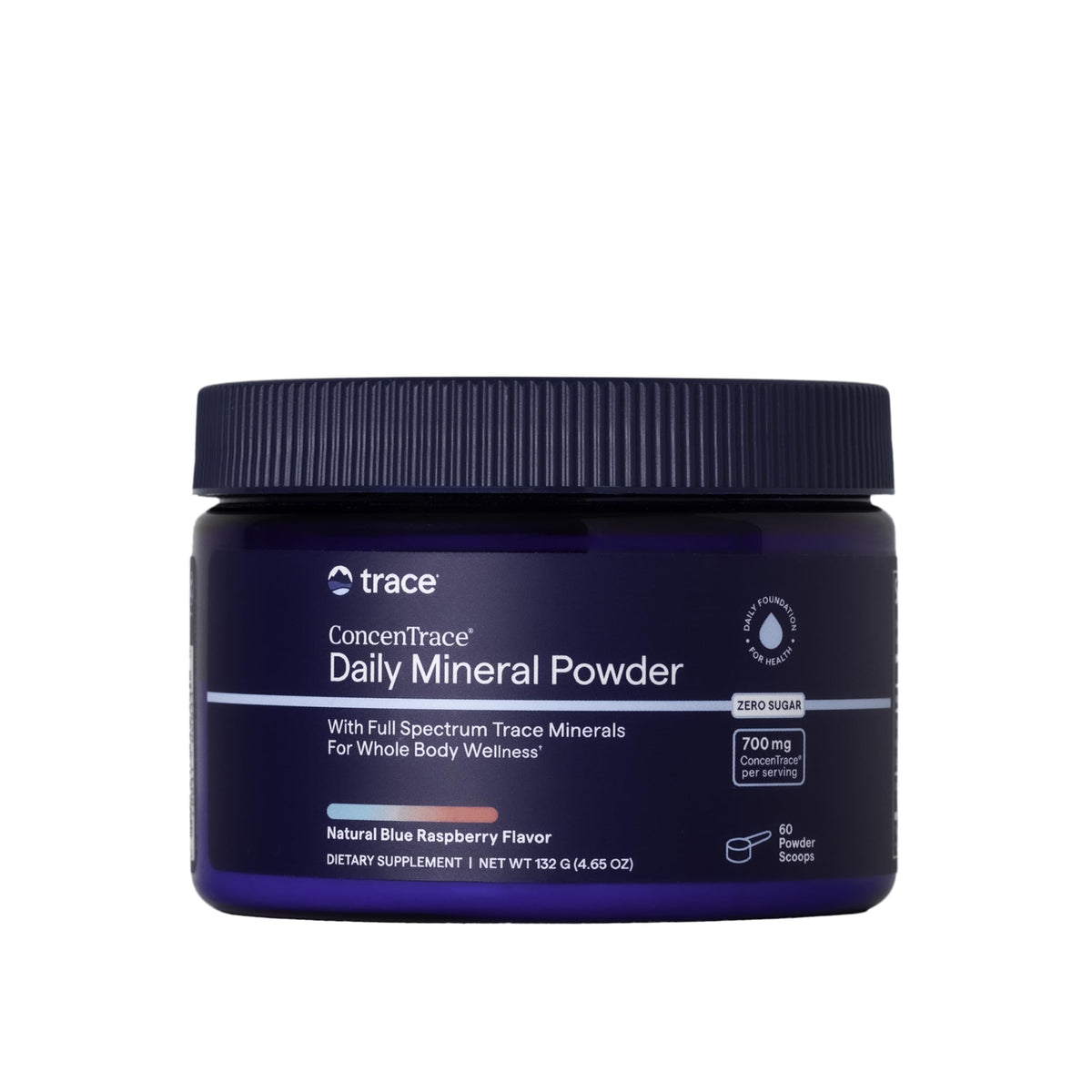 Trace Minerals envase frontal mostrando 60 servicios y sabor blue raspberry, conveniencia