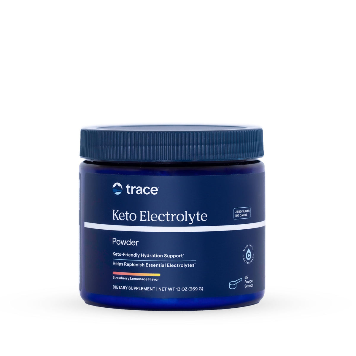 Trace Minerals frente del envase mostrando sabor y porciones, facilita elección rápida