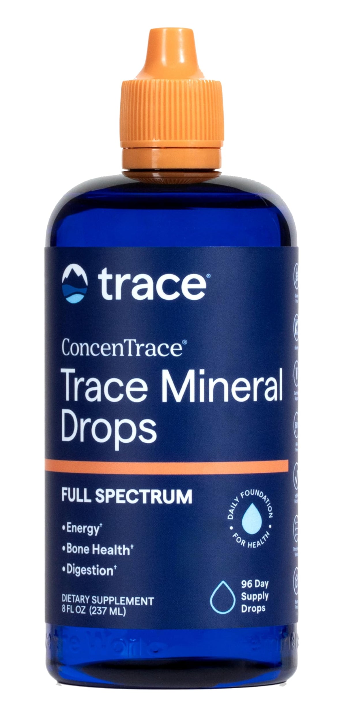Trace Minerals frasco frontal mostrando etiqueta y beneficios claros