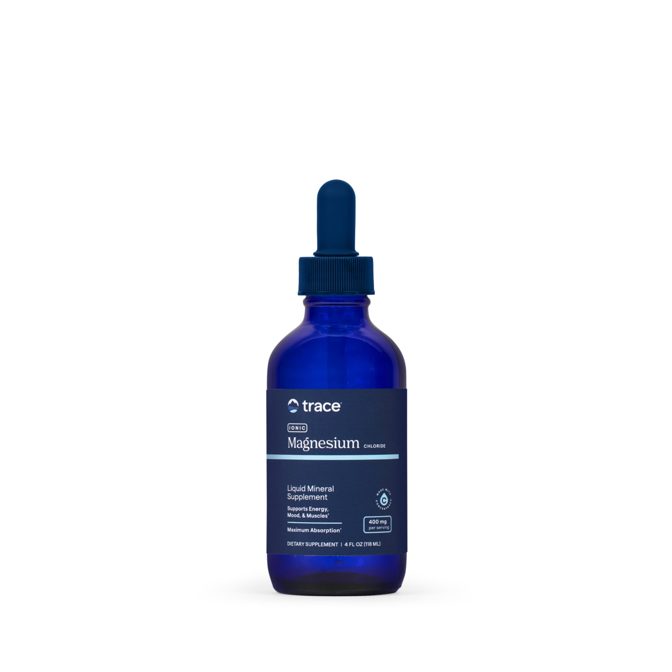 Trace Minerals frasco frontal mostrando tamaño y diseño, útil para identificar el producto