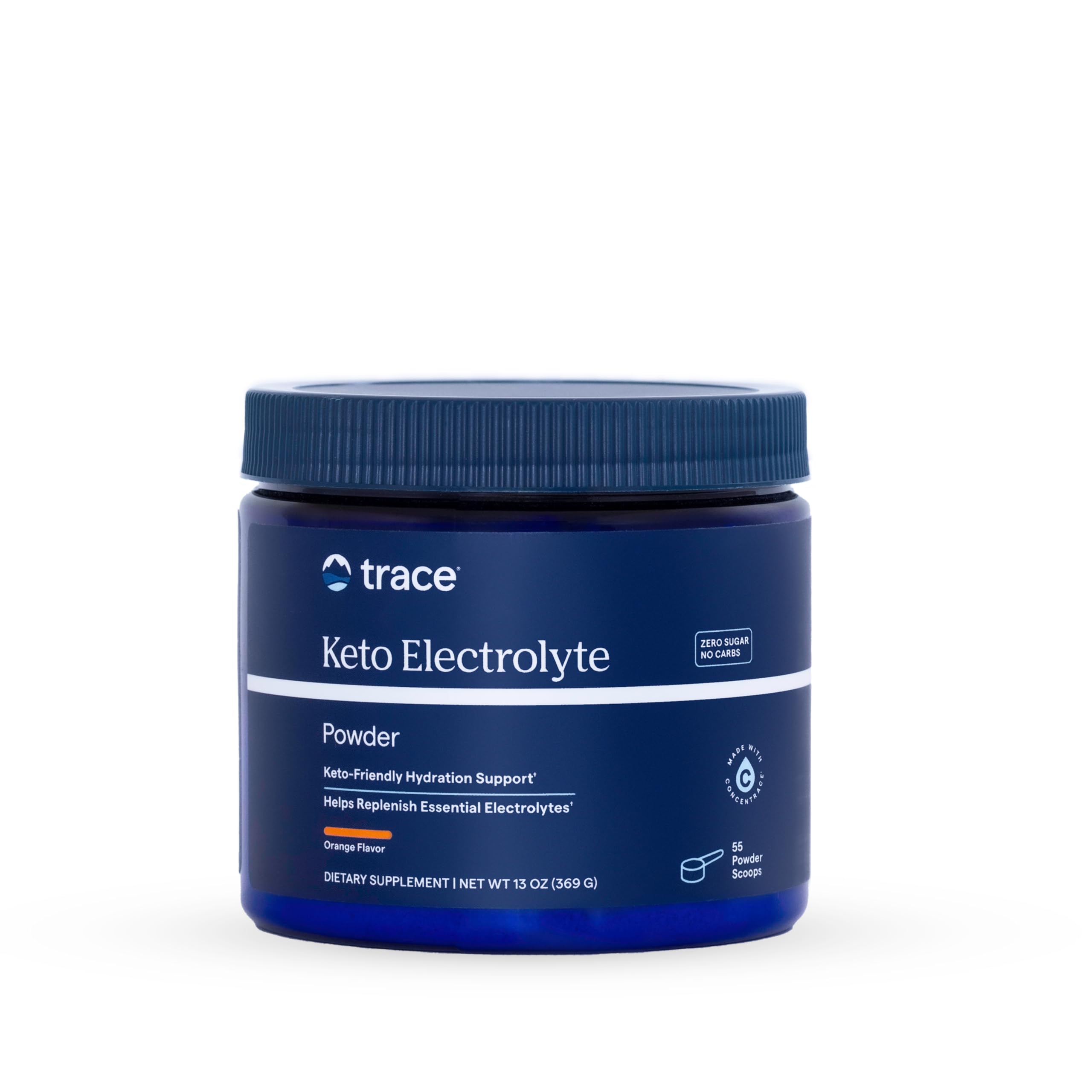 Trace Minerals envase frontal naranja destacando 55 porciones y beneficio de hidratación