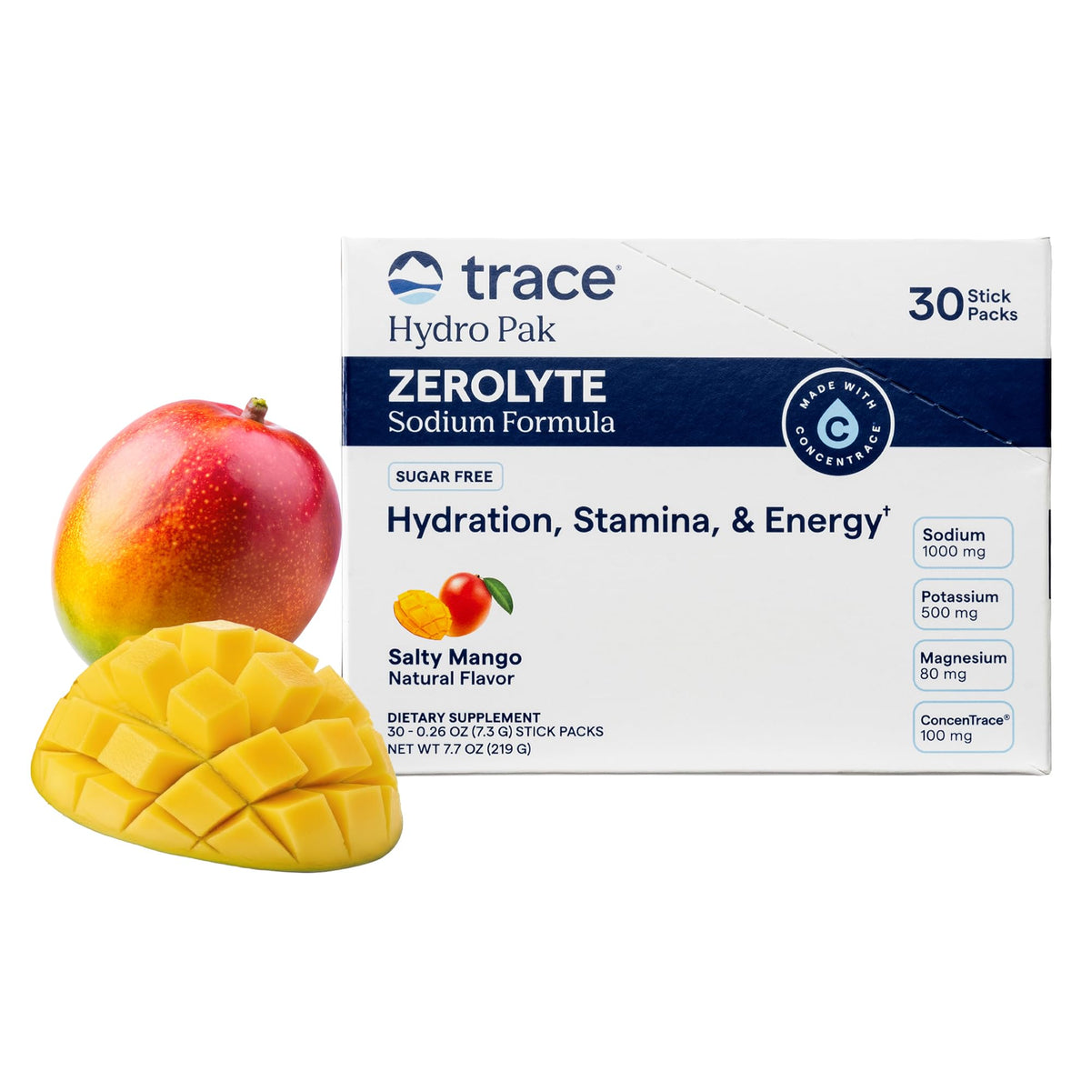Trace Minerals frente del paquete mostrando 30 sobres y conveniencia