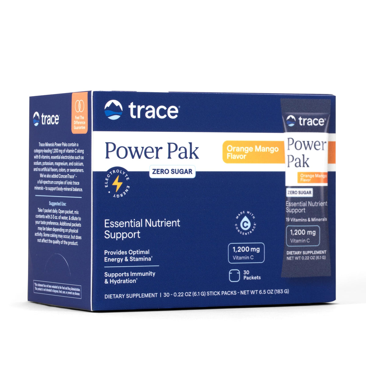 Trace Minerals frente del empaque mostrando 30 sobres, práctico y transportable