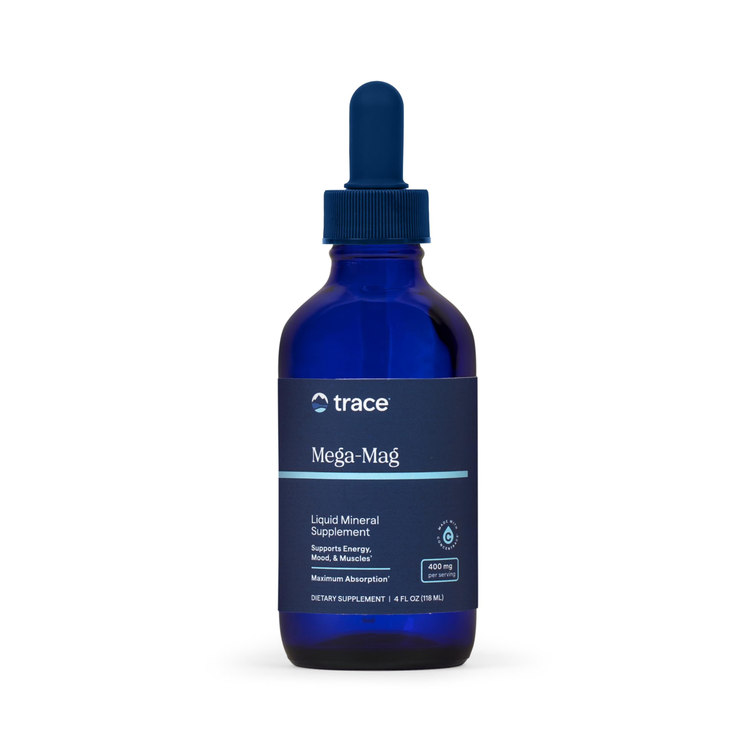 Trace Minerals botella frontal mostrando diseño y tamaño práctico