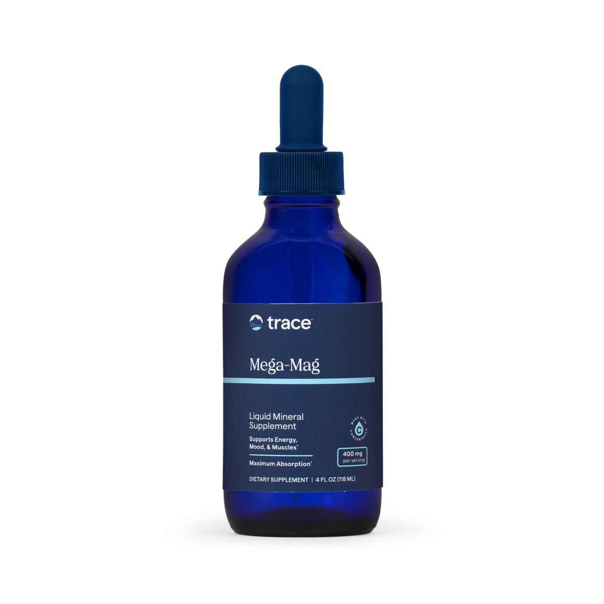 Trace Minerals botella frontal mostrando diseño y tamaño práctico