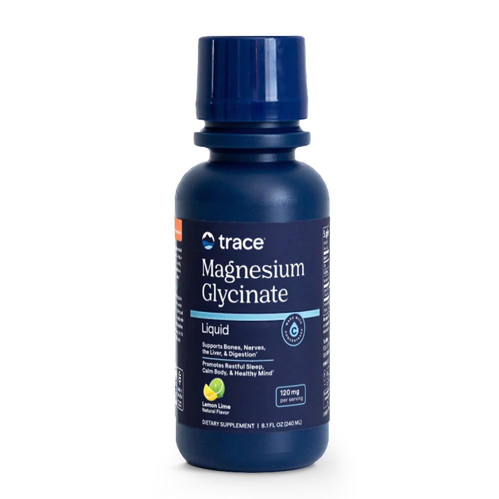 Trace Minerals envase frontal líquido magnesio glicinato mostrando etiqueta y sabor limón lima