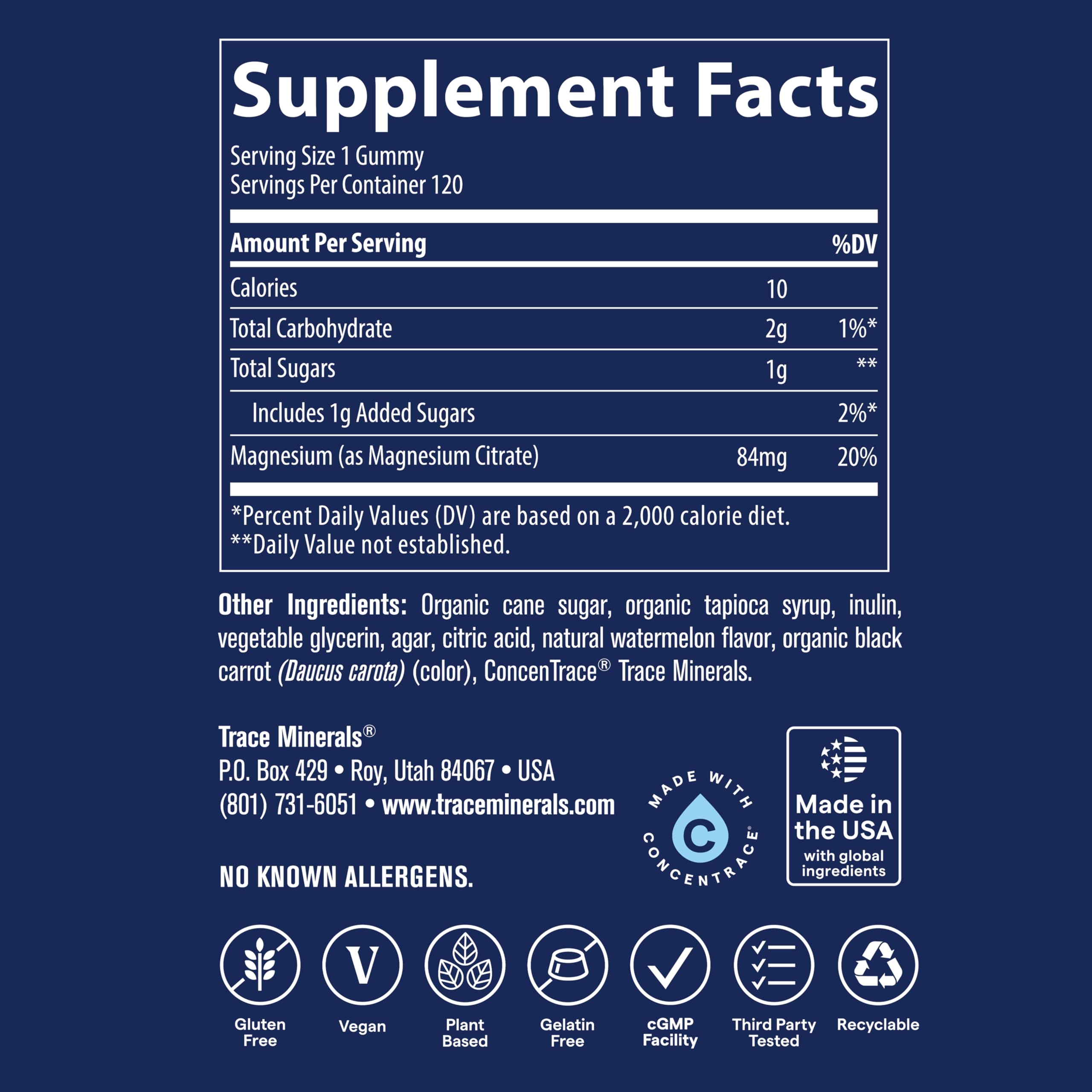 Trace Minerals gomita en mano para comparar tamaño y dosificación clara