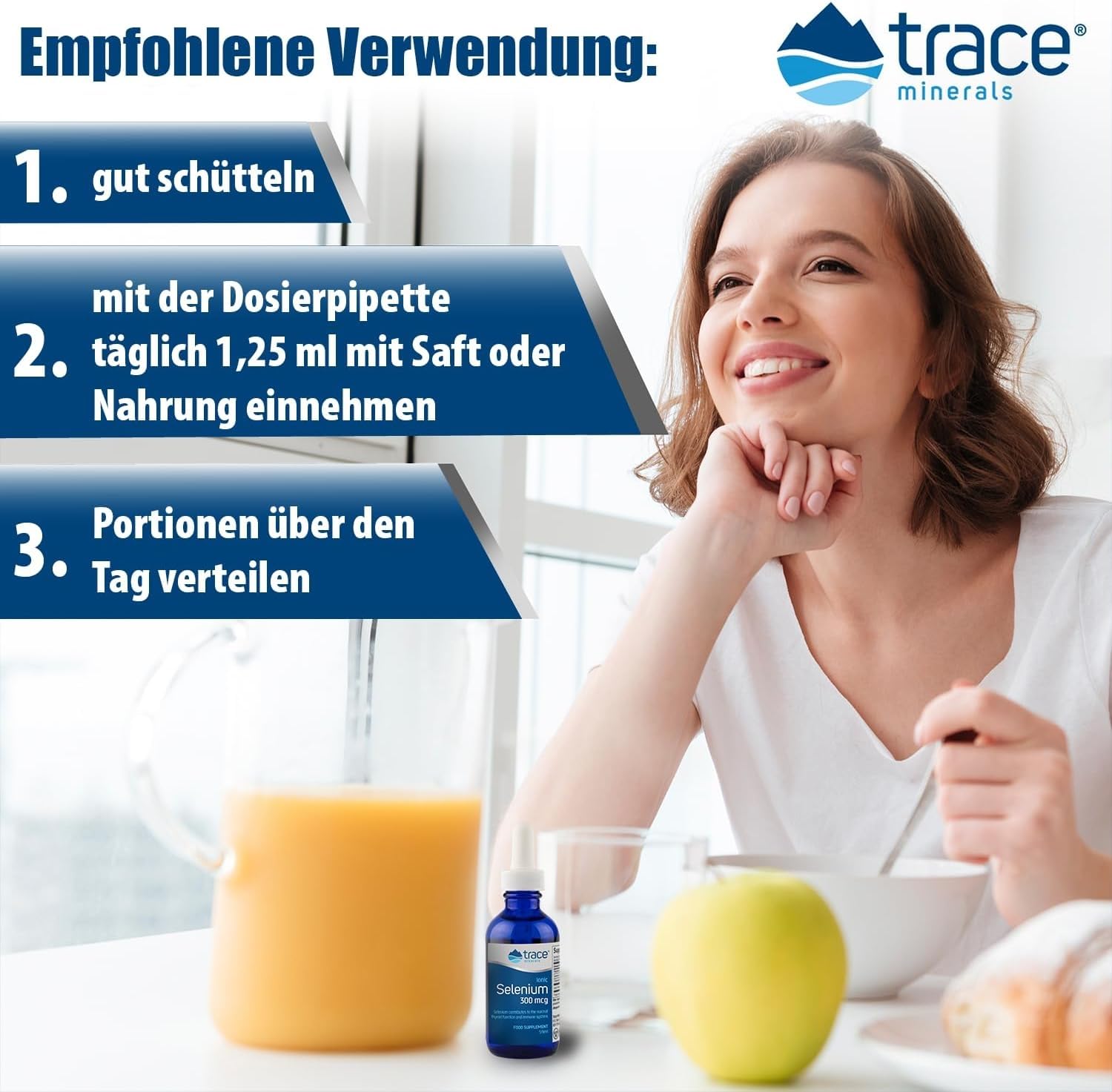 Trace Minerals frasco junto a cinta métrica para comparar tamaño y rendimiento