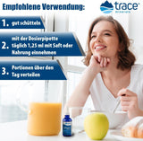 Trace Minerals frasco junto a cinta métrica para comparar tamaño y rendimiento