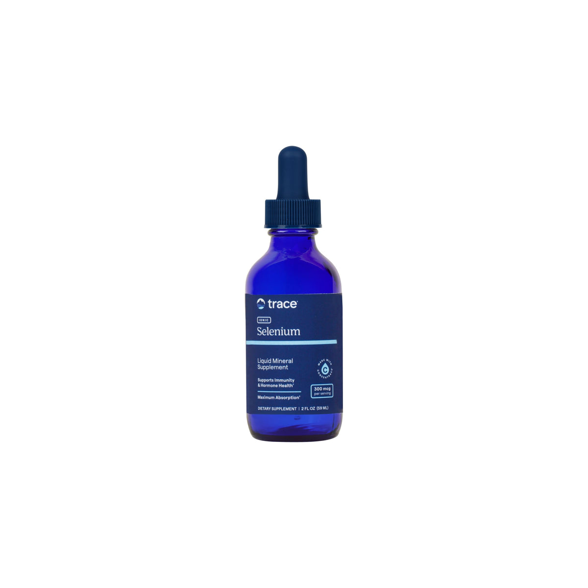 Trace Minerals frasco frontal mostrando etiqueta y beneficio de dosificación precisa