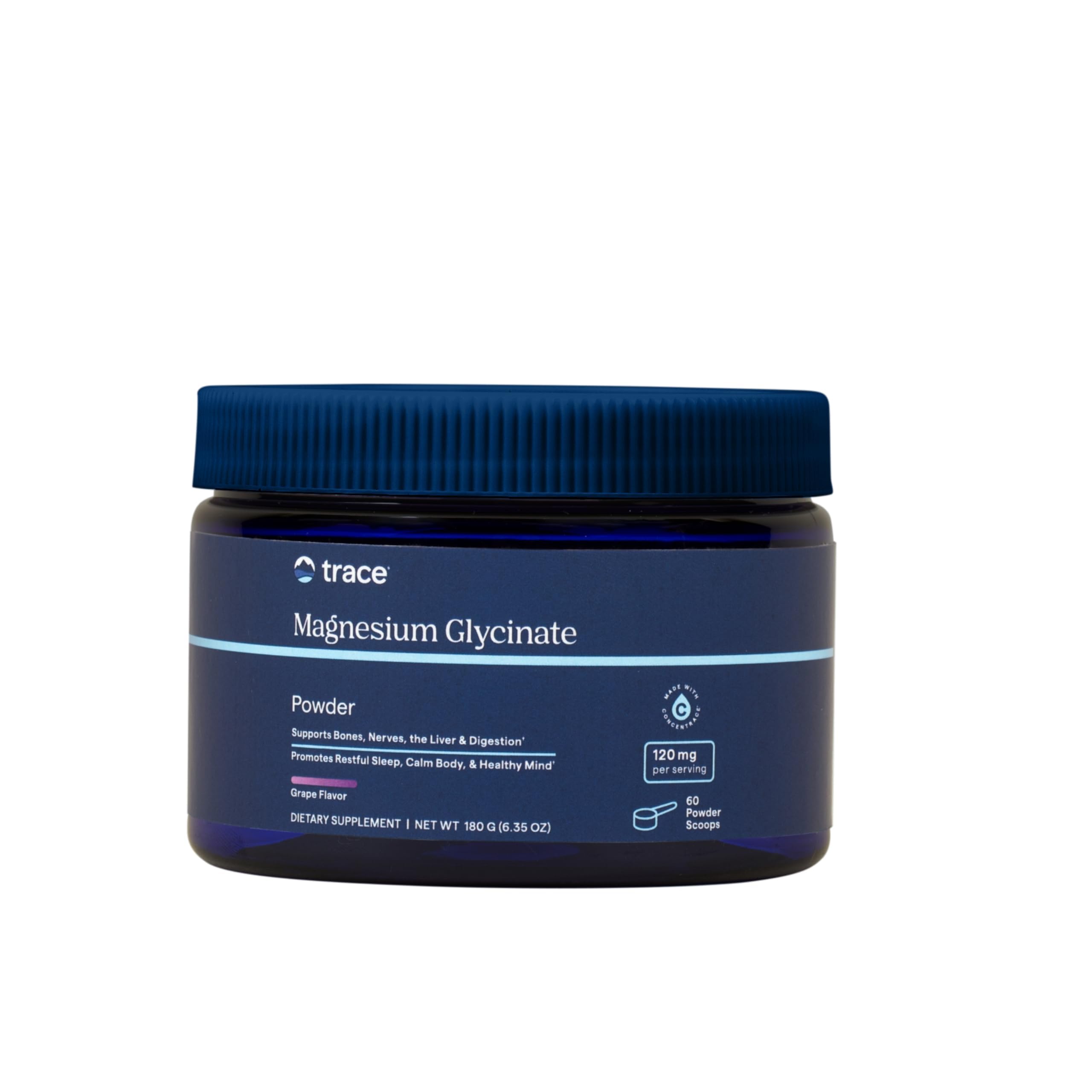 Trace Minerals envase frontal del Magnesium Glycinate Powder sabor uva, presentación clara y beneficios
