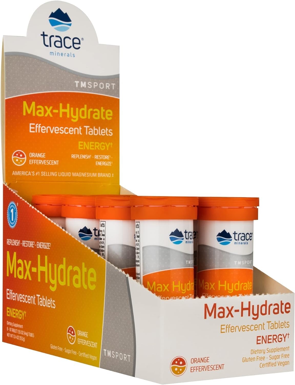 Trace Minerals caja Max-Hydrate Energy frente mostrando tubos y beneficio hidratación rápida