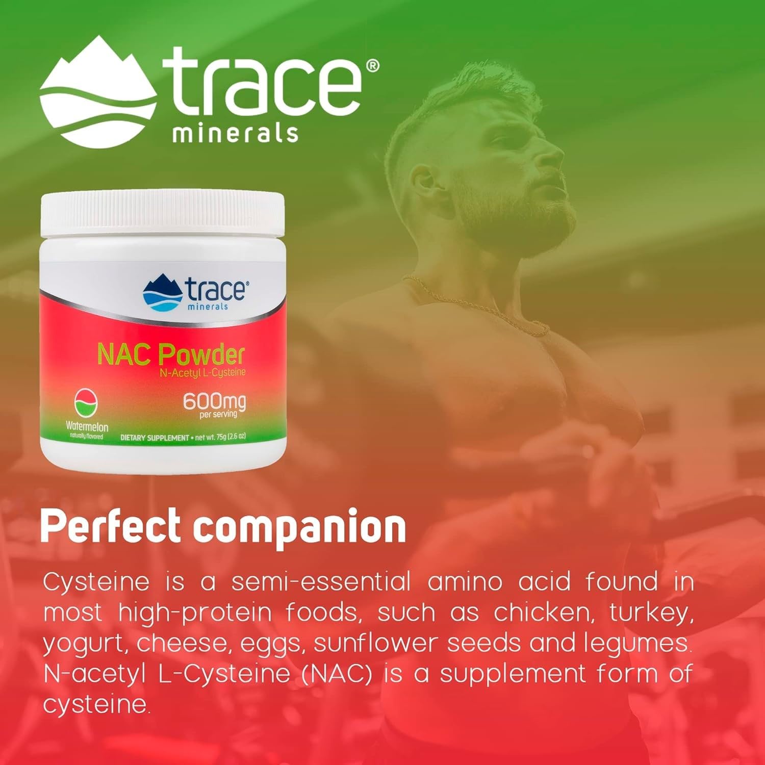 Comparación de tamaño del envase Trace Minerals NAC de 75 g con una mano