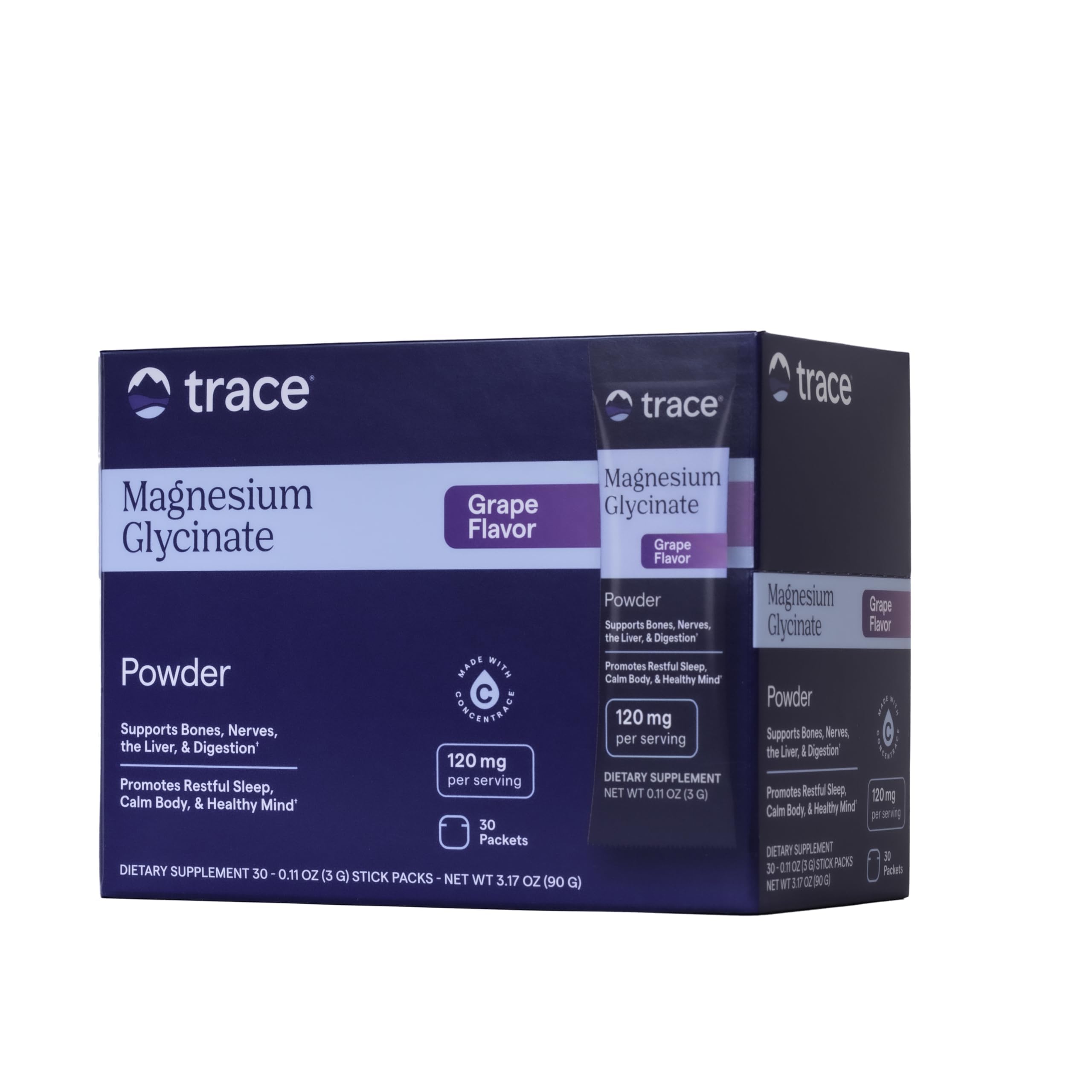 Trace Minerals embalaje frontal con 30 stick packs, muestra conveniencia para llevar