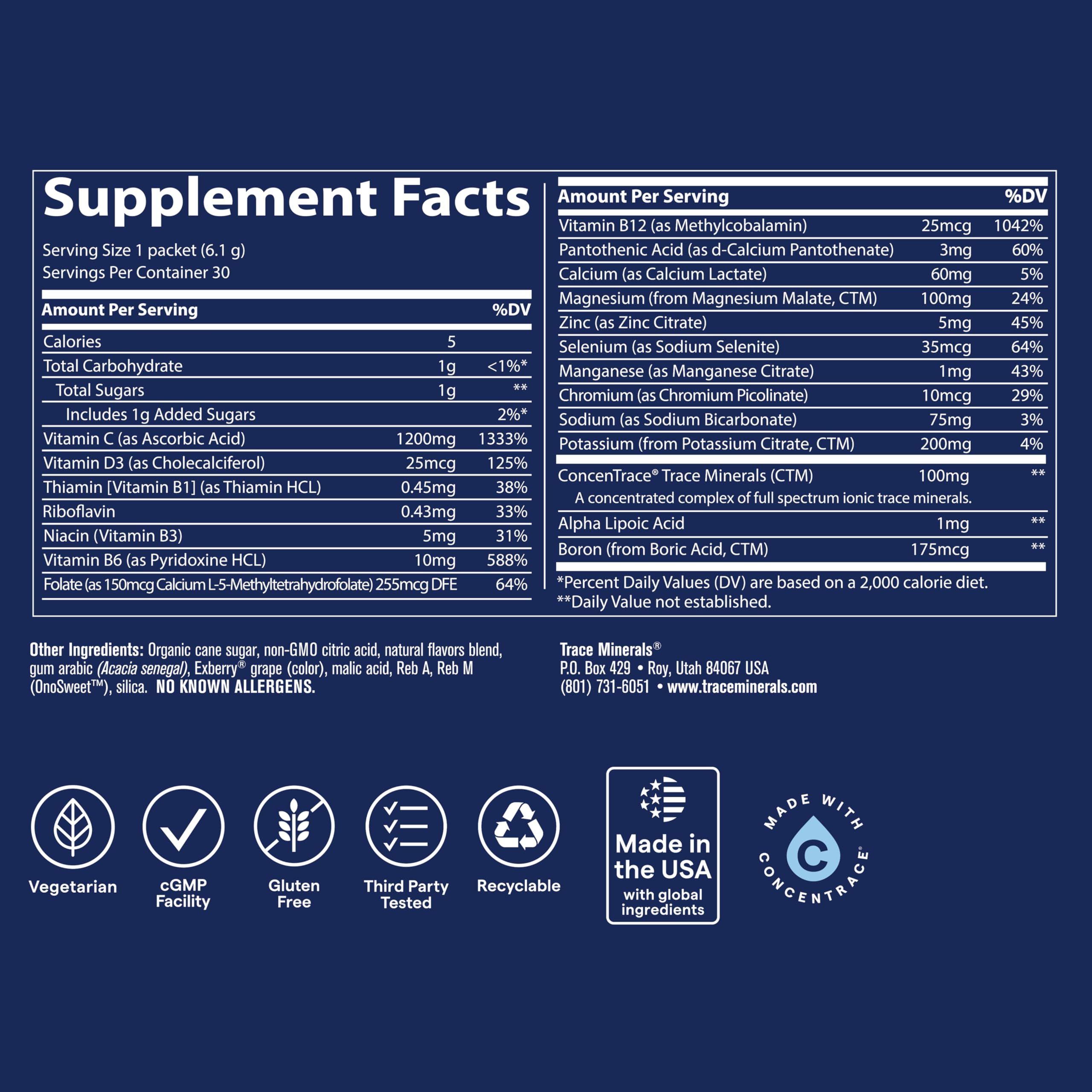 Trace Minerals polvo disuelto en vaso como bebida hidratante lista para beber